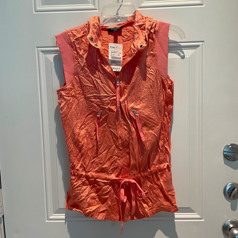 BeBe Neon Pink Hooded Athletic Zip Up Vest Retro Silk Seersucker Size Medium
